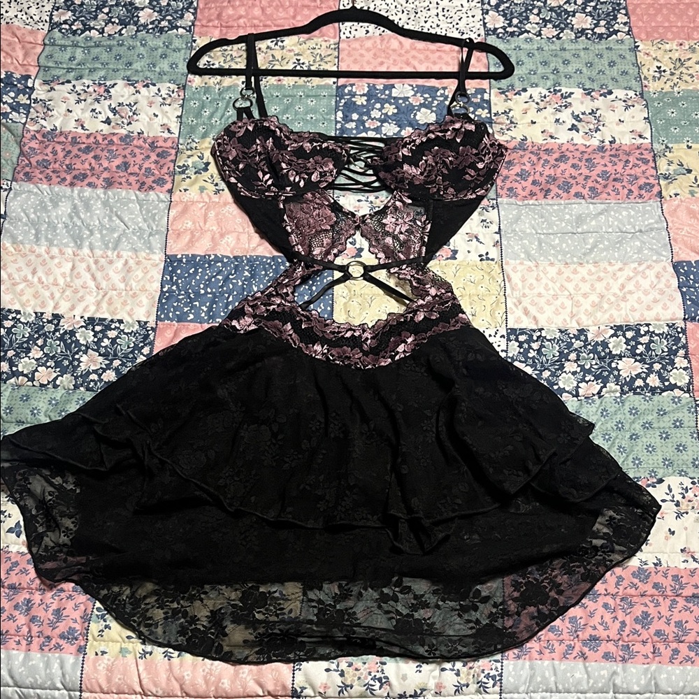 Black Lace & Pink Floral Cutout Dress